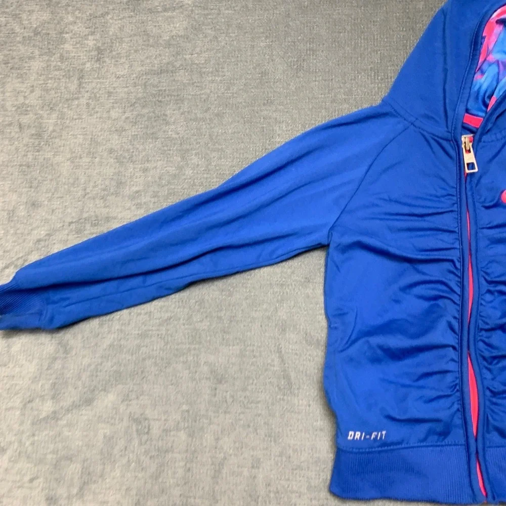 Nike Dri-Fit Full Zip Hoodie Girls 3T Blue Pink Swoosh Raglan Sleeve Activewear